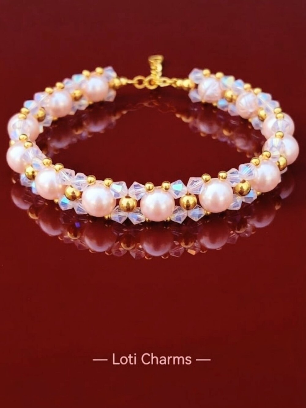 Elegant Pink Rose Opal AB Crystals & Pearls In Artisan Handwoven Beauty Bracelet